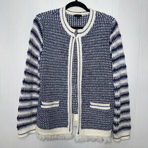 Talbots Women’s Mixed Texture Cardigan Sweater Fringe Blue Nautical Size Large